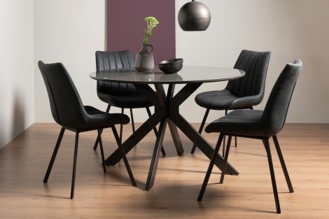 Hirst - Grey Painted Glass - Round - 4 Seater Dining Table & 4 Dark Grey Faux Suede Fabric Chairs - Grey Legs