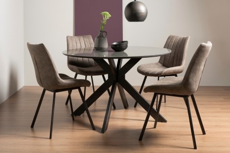 Hirst - Grey Painted Glass - Round - 4 Seater Dining Table & 4 Tan Faux Suede Fabric Chairs - Grey Legs