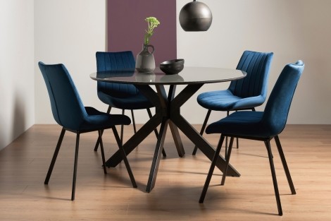 Hirst - Grey Painted Glass - Round - 4 Seater Dining Table & 4 Blue Velvet Fabric Chairs - Grey Legs