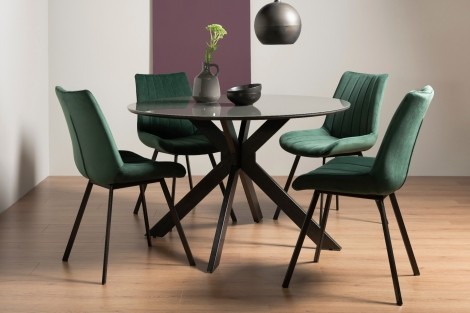 Hirst - Grey Painted Glass - Round - 4 Seater Dining Table & 4 Green Velvet Fabric Chairs - Grey Legs