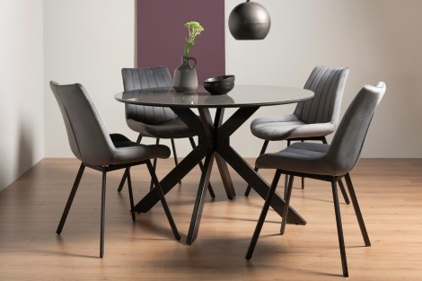 Hirst - Grey Painted Glass - Round - 4 Seater Dining Table & 4 Grey Velvet Fabric Chairs - Grey Legs