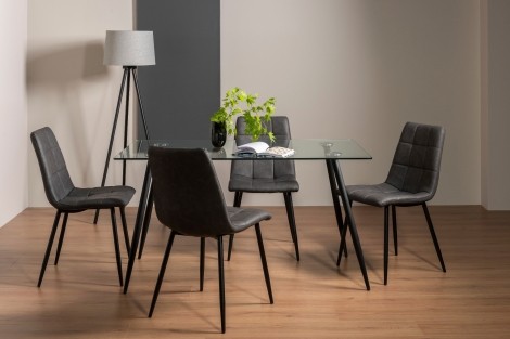 Martini - Clear Glass - Rectangular- 6 Seater Dining Table & 4 Dark Grey Faux Leather Chairs - Black Legs