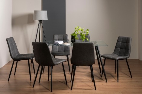 Martini - Clear Tempered Glass - Rectangular- 6 Seater Dining Table & 6 Dark Grey Faux Leather Chairs - Black Legs