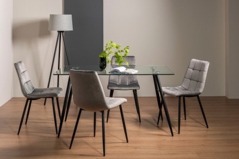 Martini - Clear Glass - Rectangular- 6 Seater Dining Table & 4 Grey Velvet Chairs - Black Legs