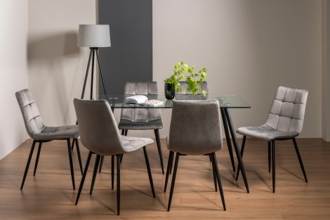 Martini - Clear Tempered Glass - Rectangular- 6 Seater Dining Table & 6 Grey Velvet Chairs - Black Legs