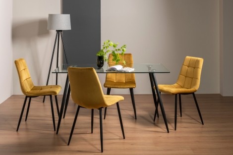 Martini - Clear Glass - Rectangular- 6 Seater Dining Table & 4 Mustard Velvet Chairs - Black Legs