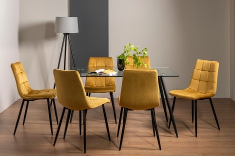 Martini - Clear Tempered Glass - Rectangular- 6 Seater Dining Table & 6 Mustard Velvet Chairs - Black Legs