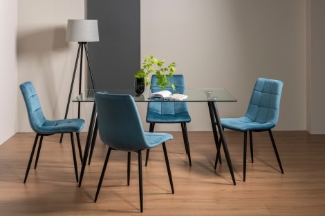 Martini - Clear Glass - Rectangular- 6 Seater Dining Table & 4 Petrol Blue Velvet Chairs - Black Legs