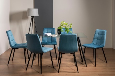 Martini - Clear Tempered Glass - Rectangular- 6 Seater Dining Table & 6 Petrol Blue Velvet Chairs - Black Legs