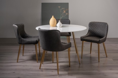 Francesca - White Marble Glass - Round - 4 Seater Dining Table & 4 Dark Grey Faux Leather Chairs - Gold Legs