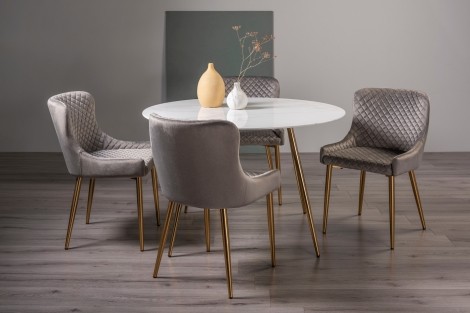 Francesca - White Marble Glass - Round - 4 Seater Dining Table & 4 Grey Velvet Fabric Chairs - Gold Legs