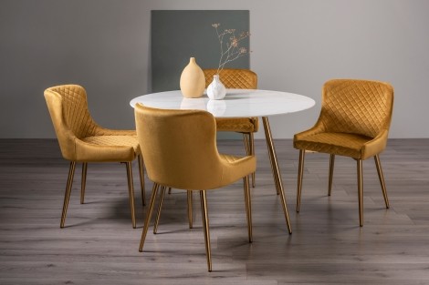 Francesca - White Marble Glass - Round - 4 Seater Dining Table & 4 Mustard Velvet Fabric Chairs - Gold Legs