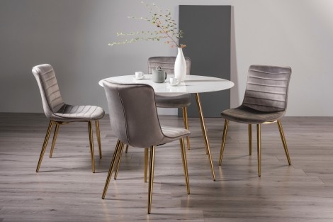 Francesca White Glass 4 seater Table & 4 Rothko Grey Velvet Chairs - Gold Legs