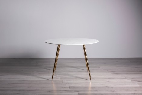 Francesca - White Marble Effect - Tempered Glass Top - 4 Seater Round Dining Table - Gold Legs