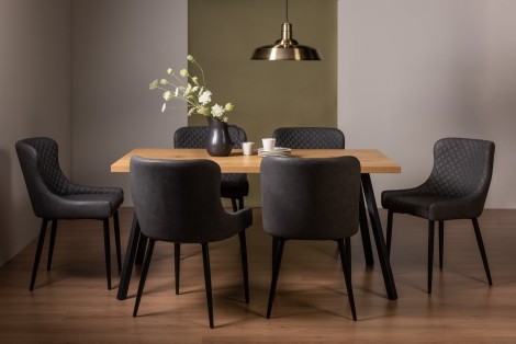 Ramsay - Oak Melamine - Rectangular- 6 Seater Dining Table & 6 Dark Grey Faux Leather Chairs - Black Legs