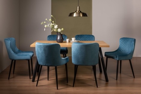 Ramsay Oak Melamine 6 Seater Table & 6 Cezanne Petrol Blue Velvet Chairs - Black Legs