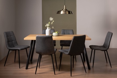 Ramsay Oak Melamine 6 Seater Table & 6 Mondrian Dark Grey Faux Leather Chairs