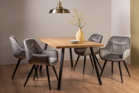 Ramsay - Oak Melamine - Rectangular- 6 Seater Dining Table & 4 Grey Velvet Chairs - Black Legs