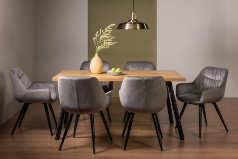 Ramsay Oak Melamine 6 Seater Table & 6 Dali Grey Velvet Chairs