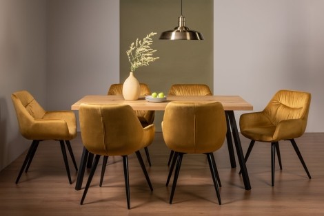 Ramsay Oak Melamine 6 Seater Table & 6 Dali Mustard Velvet Chairs