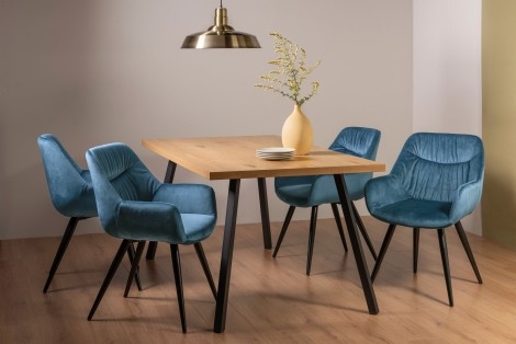 Ramsay Oak Melamine 6 Seater Table & 4 Dali Petrol Blue Velvet Chairs