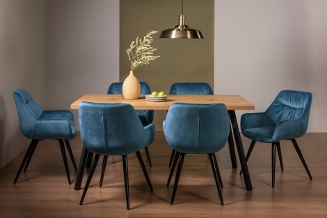Ramsay Oak Melamine 6 Seater Table & 6 Dali Petrol Blue Velvet Chairs
