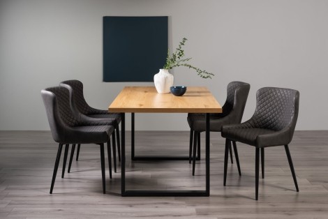 Ramsay Oak Melamine 6 Seater Table - U Leg & 4 Cezanne Dark Grey Faux Leather Chairs - Black Legs