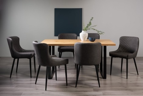 Ramsay Oak Melamine 6 Seater Table & 6 Cezanne Dark Grey Faux Leather Chairs - Black Legs