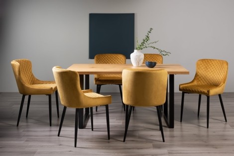 Ramsay Oak Melamine 6 Seater Table & 6 Cezanne Mustard Velvet Chairs - Black Legs