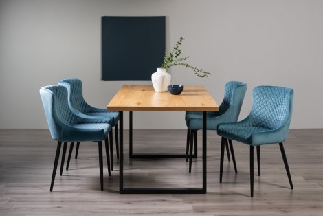 Ramsay Oak Melamine 6 Seater Table & 4 Cezanne Petrol Blue Velvet Chairs - Black Legs