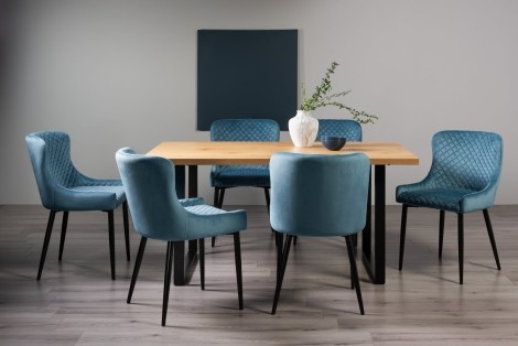 Ramsay Oak Melamine 6 Seater Table & 6 Cezanne Petrol Blue Velvet Chairs - Black Legs