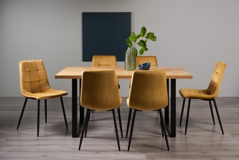 Ramsay Oak Melamine 6 Seater Table & 6 Mondrian Mustard Velvet Chairs