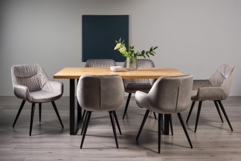 Ramsay Oak Melamine 6 Seater Table & 6 Dali Grey Velvet Chairs