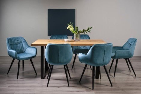 Ramsay Oak Melamine 6 Seater Table & 6 Dali Petrol Blue Velvet Chairs
