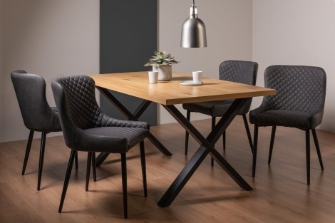 Ramsay - Oak Melamine Top - Rectangular- 6 Seater Dining Table X Leg & 4 Dark Grey Faux Leather Chairs - Black Legs