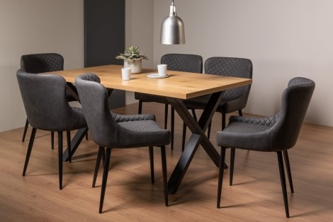 Ramsay - Oak Melamine - Rectangular- 6 Seater Dining Table X Leg & 6 Dark Grey Faux Leather Chairs - Black Legs