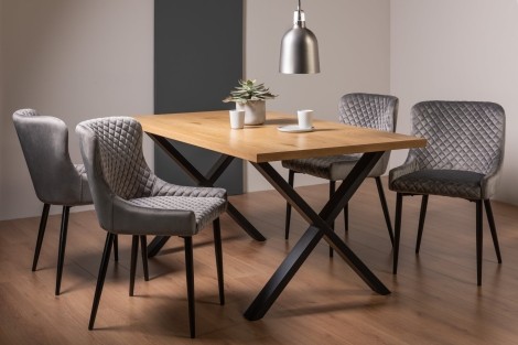 Ramsay - Oak Melamine Top - Rectangular- 6 Seater Dining Table X Leg & 4 Grey Velvet Chairs - Black Legs