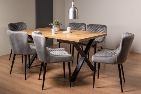 Ramsay - Oak Melamine - Rectangular- 6 Seater Dining Table X Leg & 6 Grey Velvet Chairs - Black Legs