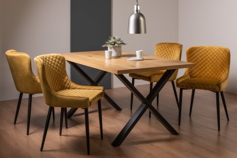 Ramsay - Oak Melamine Top - Rectangular- 6 Seater Dining Table X Leg & 4 Mustard Velvet Chairs - Black Legs