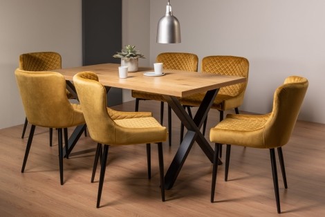 Ramsay - Oak Melamine - Rectangular- 6 Seater Dining Table X Leg & 6 Mustard Velvet Chairs - Black Legs