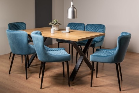 Ramsay - Oak Melamine - Rectangular- 6 Seater Dining Table X Leg & 6 Petrol Blue Velvet Chairs - Black Legs