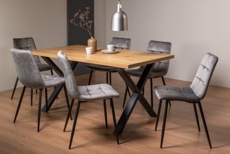 Ramsay - Oak Melamine Top - Rectangular- 6 Seater Dining Table X Leg & 6 Grey Velvet Chairs - Black Legs