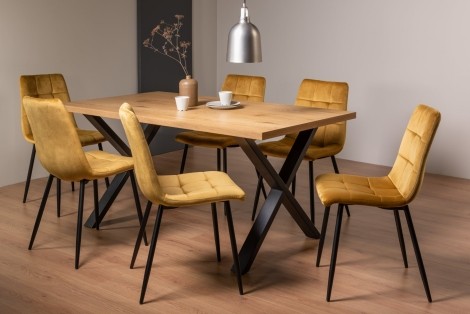 Ramsay - Oak Melamine Top - Rectangular- 6 Seater Dining Table X Leg & 6 Mustard Velvet Chairs - Black Legs
