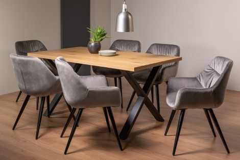 Ramsay - Oak Melamine - Rectangular- 6 Seater Dining Table X Leg & 6 Grey Velvet Fabric Chairs - Black Legs