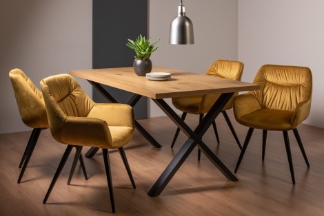 Ramsay - Oak Melamine Top - Rectangular- 6 Seater Dining Table X Leg & 4 Mustard Velvet Fabric Chairs - Black Legs