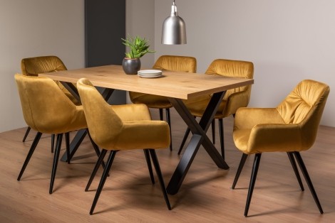 Ramsay - Oak Melamine - Rectangular- 6 Seater Dining Table X Leg & 6 Mustard Velvet Fabric Chairs - Black Legs