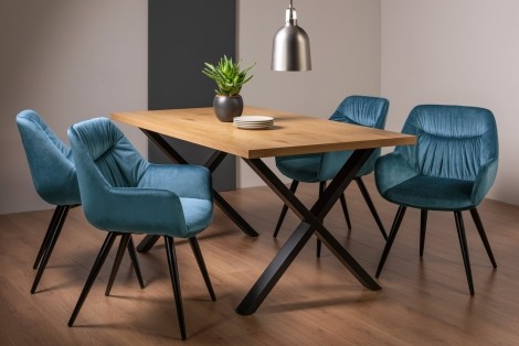 Ramsay - Oak Melamine Top - Rectangular- 6 Seater Dining Table X Leg & 4 Petrol Blue Velvet Fabric Chairs - Black Legs
