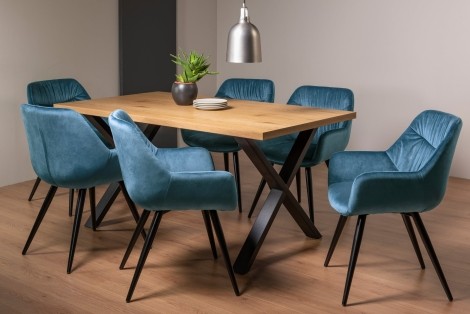 Ramsay - Oak Melamine - Rectangular- 6 Seater Dining Table X Leg & 6 Petrol Blue Velvet Fabric Chairs - Black Legs