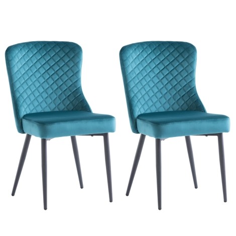 Pair Of - Hadley Velvet Dining Chair - Peacock Blue - Quilted Back - Black Powder Coated Legs