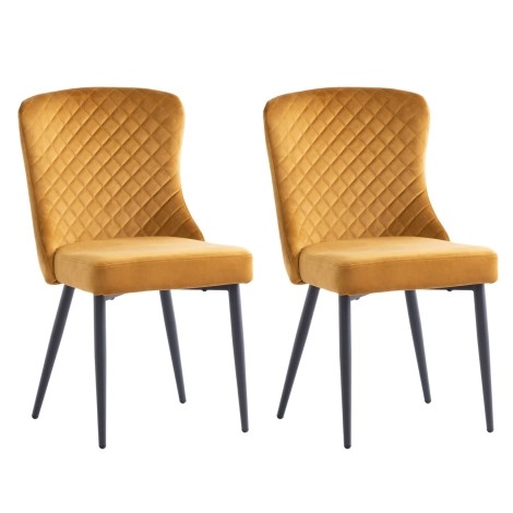 Pair Of - Hadley Velvet Dining Chair - Yellow - Quilted Back - Black Powder Coated Legs